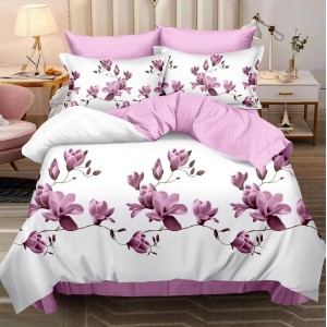 Lenjerie pat dublu,  FINET, 6 piese, cu ELASTIC, Roz, magnolii