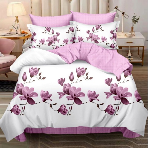 Lenjerie pat dublu,  FINET, 6 piese, cu ELASTIC, Roz, magnolii [1]