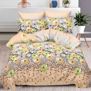 Lenjerie pat dublu,  FINET, 6 piese, cu ELASTIC, Bej, flori