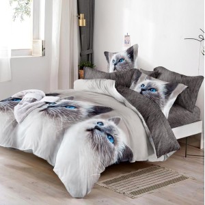 Lenjerie pat dublu,  FINET, 6 piese, cu ELASTIC, Gri, pisici