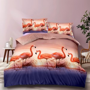 Lenjerie pat dublu, 4 piese, IMPRIMEU 3D Multiplicat, Microfibra, Portocaliu, flamingo