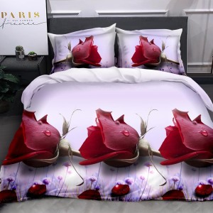 Lenjerie pat dublu, 4 piese, IMPRIMEU 3D Multiplicat, Microfibra, Rosu, trandafiri