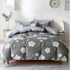 Lenjerie pat dublu cu doua feţe, bumbac satinat, 4 piese,  Gri, flori