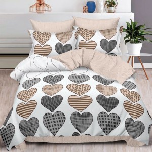 Lenjerie pat dublu,  FINET, 6 piese, cu ELASTIC, Bej, inimioare