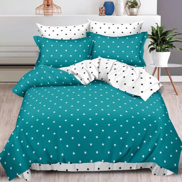 Lenjerie pat dublu,  FINET, 6 piese, cu ELASTIC, Turquoise, buline [1]