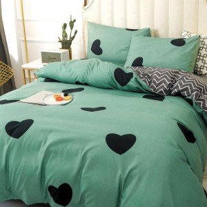 Lenjerie pat dublu cu doua feţe, bumbac satinat, 4 piese,  Verde, inimioare