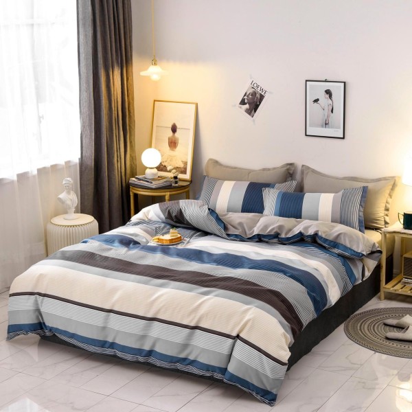 Lenjerie pat dublu cu doua feţe, bumbac satinat, 4 piese,  Albastru, dungi [1]