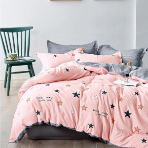 Lenjerie pat dublu cu doua feţe, bumbac satinat, 4 piese, Roz, stelute Lenjerie pat dublu cu doua feţe, bumbac satinat, 4 piese, Roz, stelute