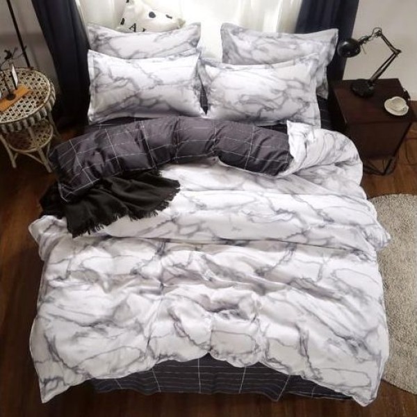 Lenjerie pat dublu cu doua feţe, bumbac satinat, 4 piese,  Gri, marmura [1]