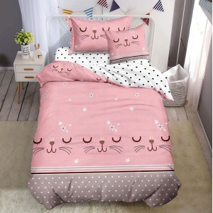 Lenjerie pat 1 PERSOANA, FINET, 4 piese, Roz, pisici, flori