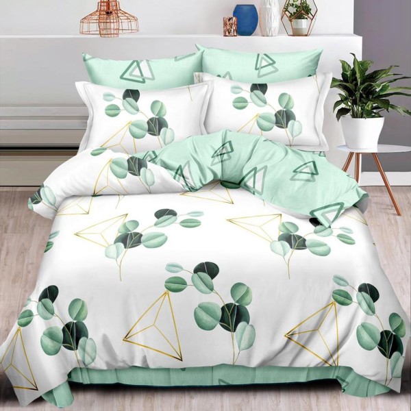 Lenjerie pat dublu,  FINET, 6 piese, Alb-Verde, frunze [1]