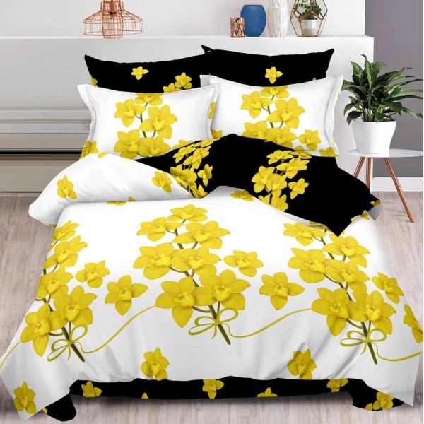 Lenjerie pat dublu,  FINET, 6 piese, cu ELASTIC, Galben, flori [1]