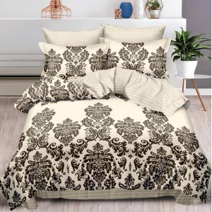 Lenjerie pat dublu,  FINET, 6 piese, cu ELASTIC, Bej, model oriental