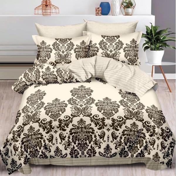 Lenjerie pat dublu,  FINET, 6 piese, cu ELASTIC, Bej, model oriental [1]