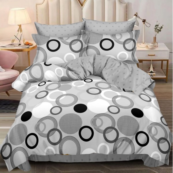 Lenjerie pat dublu,  FINET, 6 piese, cu ELASTIC, Gri, cercuri [1]