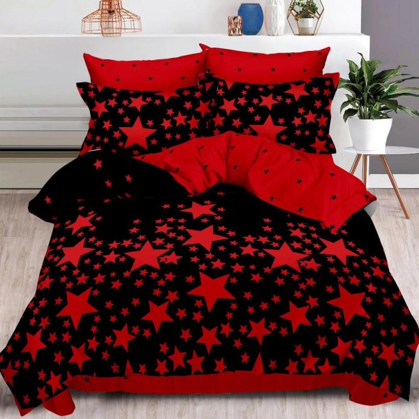 Lenjerie pat dublu,  FINET, 6 piese, cu ELASTIC, Rosu, stelute [1]