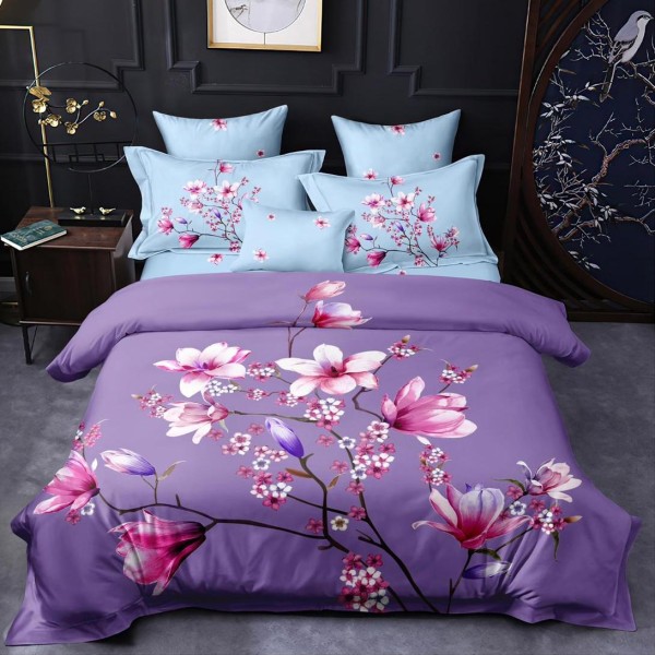 Lenjerie pat dublu,  FINET, 6 piese, IDENTICA CU POZA, Mov, magnolii [1]