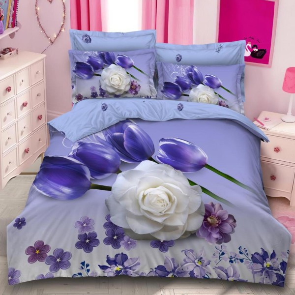 Lenjerie pat dublu,  FINET, 6 piese, IDENTICA CU POZA, Mov, flori [1]