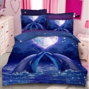 Lenjerie pat dublu,  FINET, 6 piese, IDENTICA CU POZA, Albastru, delfini