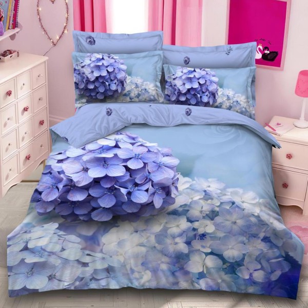 Lenjerie pat dublu,  FINET, 6 piese, IDENTICA CU POZA, Albastru, hortensie [1]