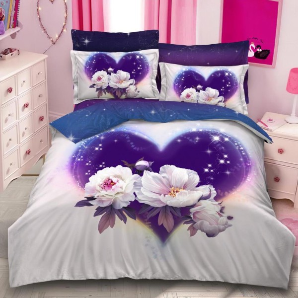 Lenjerie pat dublu,  FINET, 6 piese, IDENTICA CU POZA, Mov, flori [1]