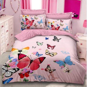 Lenjerie pat dublu,  FINET, 6 piese, IDENTICA CU POZA, Roz, fluturi