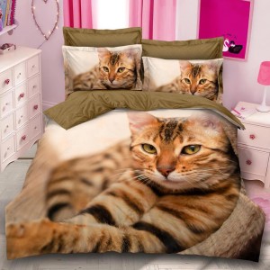 Lenjerie pat dublu,  FINET, 6 piese, IDENTICA CU POZA, Maro, pisica