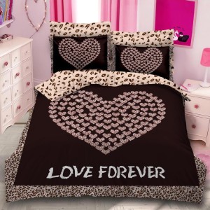 Lenjerie pat dublu,  FINET, 6 piese, IDENTICA CU POZA, Maro, inimioare