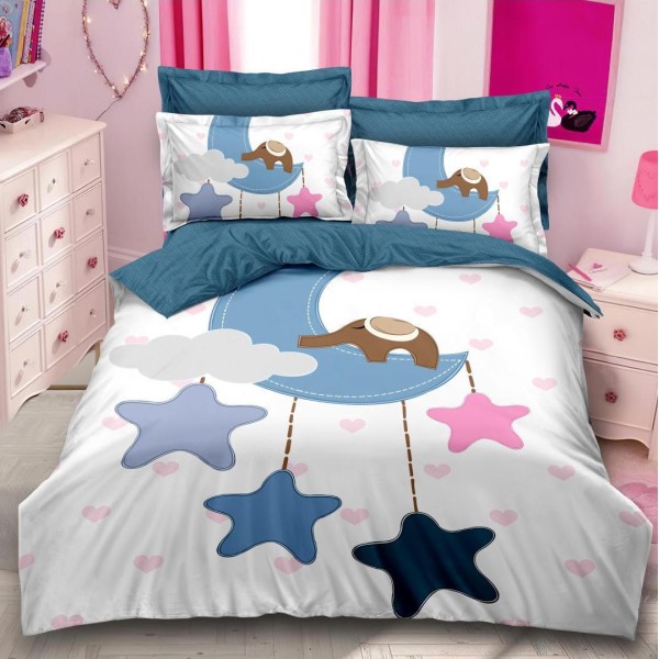 Lenjerie pat dublu,  FINET, 6 piese, IDENTICA CU POZA, Albastru, stelute [1]