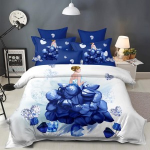 Lenjerie pat dublu,  FINET, 6 piese, IDENTICA CU POZA, Albastru, flori
