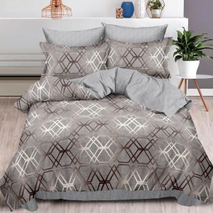 Lenjerie pat dublu,  FINET, 6 piese, cu ELASTIC, Gri, forme geometrice