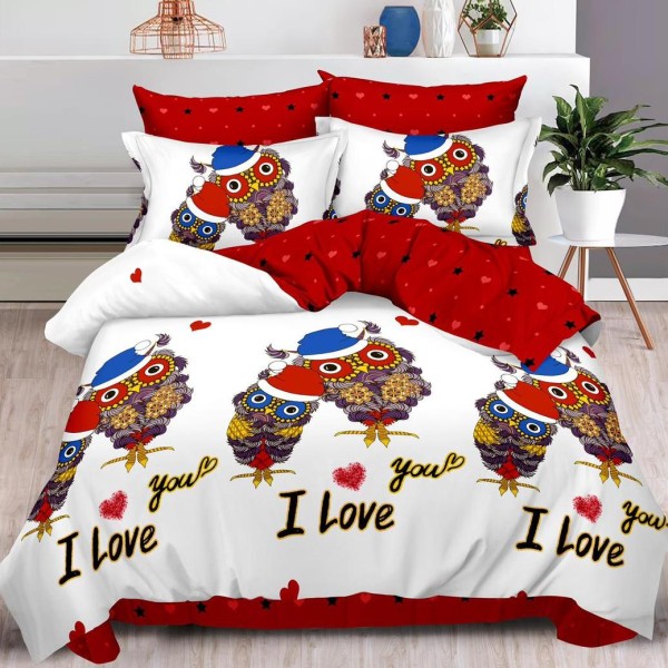 Lenjerie pat dublu,  FINET, 6 piese, cu ELASTIC, Rosu, bufnite [1]