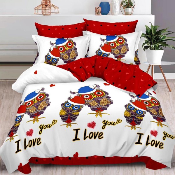 Lenjerie pat dublu,  FINET, 6 piese, Alb-Rosu, bufnite [1]