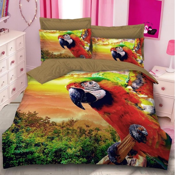 Lenjerie pat dublu,  FINET, 6 piese, IDENTICA CU POZA, Verde, papagal [1]