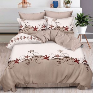 Lenjerie pat dublu,  FINET, 6 piese, cu ELASTIC, Bej, floral