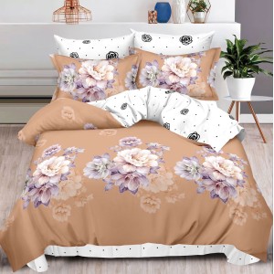 Lenjerie pat dublu,  FINET, 6 piese, cu ELASTIC, Bej, flori