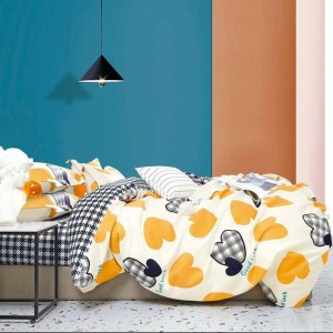 Lenjerie pat 1 PERSOANA, FINET, 4 piese, Galben, inimioare