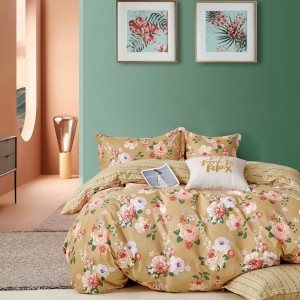 Lenjerie pat 1 PERSOANA, FINET, 4 piese, Bej, flori