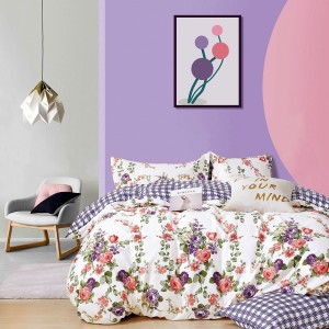 Lenjerie pat 1 PERSOANA, FINET, 4 piese, Mov, flori