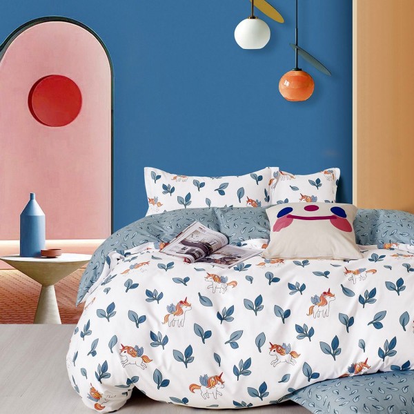 Lenjerie pat 1 PERSOANA, FINET, 4 piese, Alb, frunze, unicorni [1]
