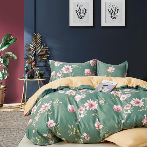 Lenjerie pat 1 PERSOANA, FINET, 4 piese, Verde, flori