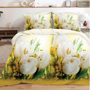 Lenjerie pat dublu, 4 piese, IMPRIMEU 3D Multiplicat, Microfibra, Alb, lalele