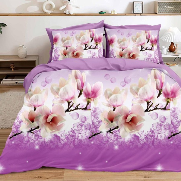 Lenjerie pat dublu, 4 piese, IMPRIMEU 3D Multiplicat, Microfibra, Mov, magnolii [1]