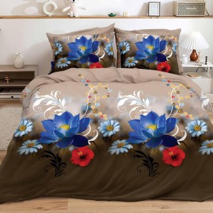 Lenjerie pat dublu, 4 piese, IMPRIMEU 3D Multiplicat, Microfibra, Albastru, flori