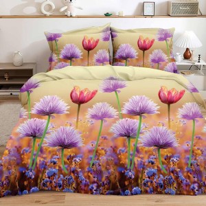Lenjerie pat dublu, 4 piese, IMPRIMEU 3D Multiplicat, Microfibra, Mov, flori