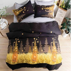 Lenjerie pat dublu cu doua feţe, bumbac satinat, 4 piese,  Negru, braduti