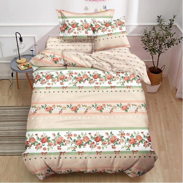 Lenjerie pat 1 PERSOANA,  FINET, 4 piese, cu ELASTIC, Bej, flori [1]