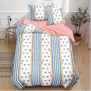 Lenjerie pat 1 PERSOANA,  FINET, 4 piese, cu ELASTIC, Bleu, inimioare, fundite