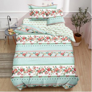 Lenjerie pat 1 PERSOANA,  FINET, 4 piese, cu ELASTIC, Vernil, trandafiri, fundite, inimioare