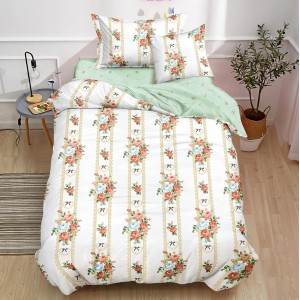 Lenjerie pat 1 PERSOANA,  FINET, 4 piese, cu ELASTIC, Bej, trandafiri, fundite